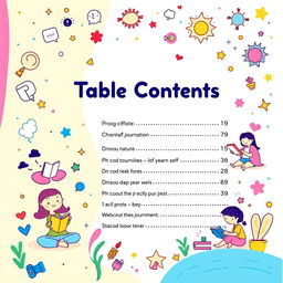 A vibrant and playful background for a table of contents page that features colorful cartoon illustrations