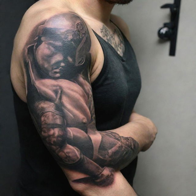 A captivating tattoo design, stretching from shoulder to elbow and the inner part of the arm to the bicep, featuring the theme of combat in an intricate layout, with careful handling of lights and shadows for a 3D effect.