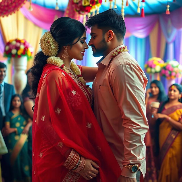 A dynamic Indian wedding scene featuring a woman resembling Ileana, draped in a stunning transparent red saree that beautifully reveals her navel