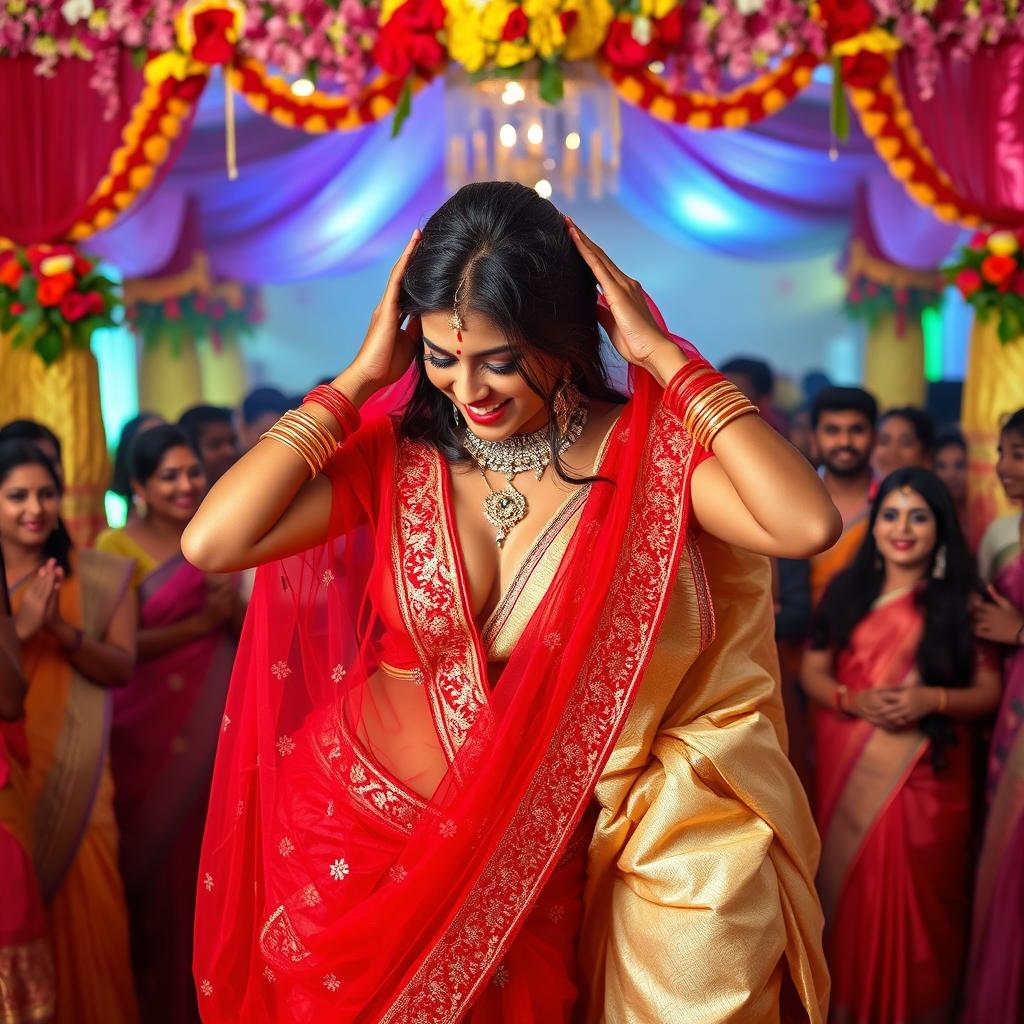 A dynamic Indian wedding scene featuring a woman resembling Ileana, draped in a stunning transparent red saree that beautifully reveals her navel