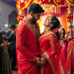 A dynamic Indian wedding scene featuring a woman resembling Ileana, draped in a stunning transparent red saree that beautifully reveals her navel
