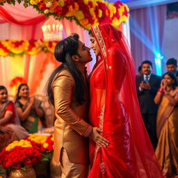 A dynamic Indian wedding scene featuring a woman resembling Ileana, draped in a stunning transparent red saree that beautifully reveals her navel