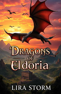 A captivating book cover for 'Dragons of Eldoria' by Lira Storm, featuring a majestic dragon soaring in the skies above a fantastical landscape