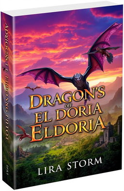 A captivating book cover for 'Dragons of Eldoria' by Lira Storm, featuring a majestic dragon soaring in the skies above a fantastical landscape