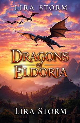 A captivating book cover for 'Dragons of Eldoria' by Lira Storm, featuring a majestic dragon soaring in the skies above a fantastical landscape