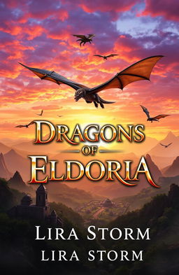 A captivating book cover for 'Dragons of Eldoria' by Lira Storm, featuring a majestic dragon soaring in the skies above a fantastical landscape