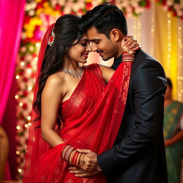 A vibrant and romantic Indian wedding scene featuring a woman resembling Ileana, elegantly draped in a transparent red saree that artfully reveals her navel