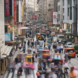 A bustling road filled with pedestrians and various types of vehicles, creating a dynamic street scene.