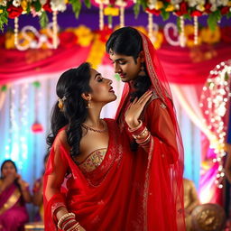 A vibrant and romantic Indian wedding scene featuring a woman resembling Ileana, elegantly draped in a transparent red saree that artfully reveals her navel