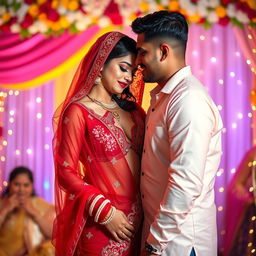 A vibrant and romantic Indian wedding scene featuring a woman resembling Ileana, elegantly draped in a transparent red saree that artfully reveals her navel