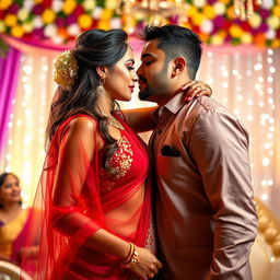 A vibrant and romantic Indian wedding scene featuring a woman resembling Ileana, elegantly draped in a transparent red saree that artfully reveals her navel