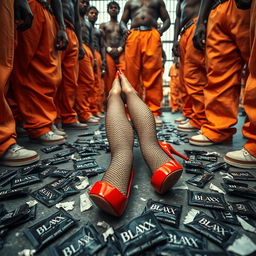 A low angle shot depicting a large group of African American gang members in baggy orange pants, standing and showing their legs