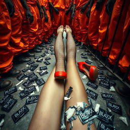 A low angle shot depicting a large group of African American gang members in baggy orange pants, standing and showing their legs