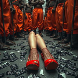 A low angle shot depicting a large group of African American gang members in baggy orange pants, standing and showing their legs