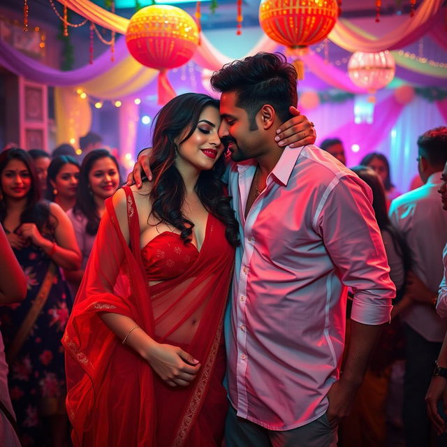 A lively party scene featuring a woman resembling Ileana, elegantly dressed in a transparent red saree that beautifully reveals her cleavage and navel