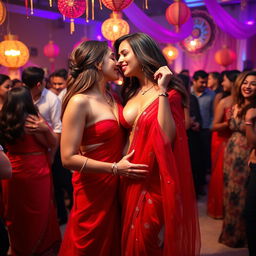 A lively party scene featuring a woman resembling Ileana, elegantly dressed in a transparent red saree that beautifully reveals her cleavage and navel