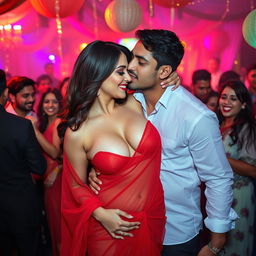 A lively party scene featuring a woman resembling Ileana, elegantly dressed in a transparent red saree that beautifully reveals her cleavage and navel