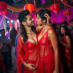 A lively party scene featuring a woman resembling Ileana, elegantly dressed in a transparent red saree that beautifully reveals her cleavage and navel