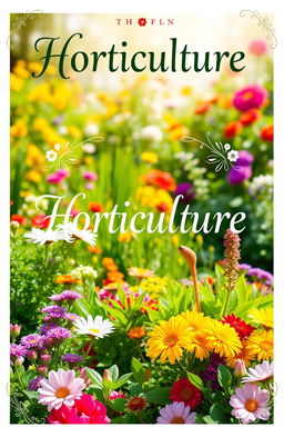 A beautifully designed cover page for a horticulture theme, featuring a vibrant and lush landscape with various types of plants and flowers