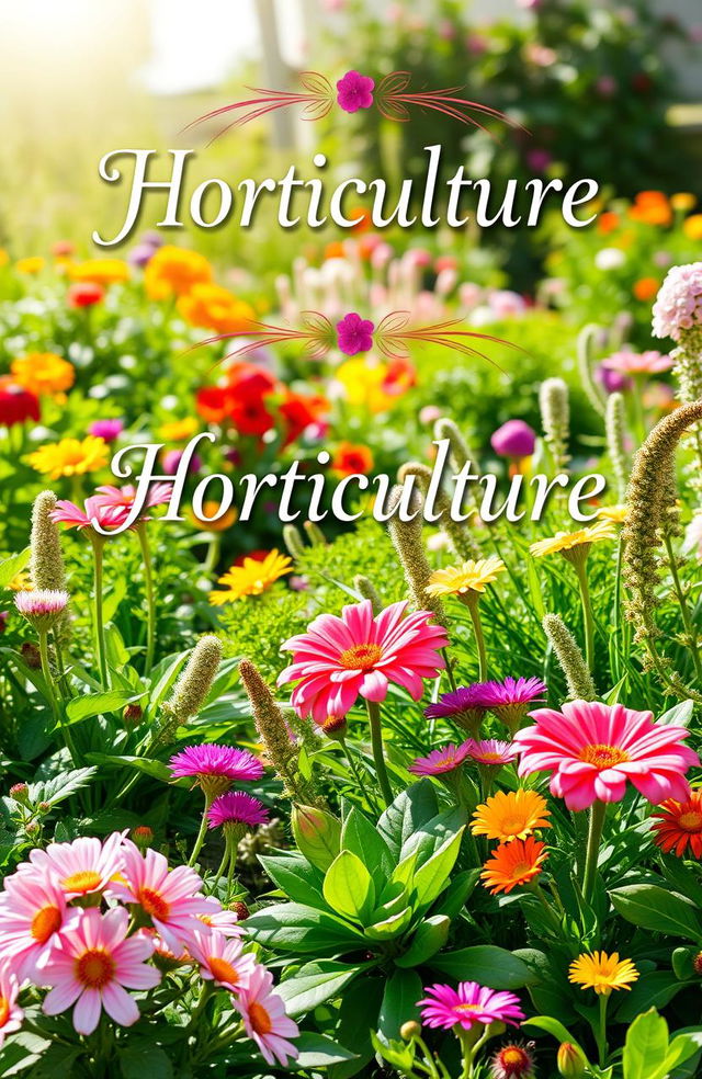 A beautifully designed cover page for a horticulture theme, featuring a vibrant and lush landscape with various types of plants and flowers