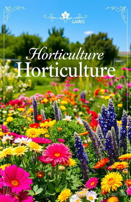 A beautifully designed cover page for a horticulture theme, featuring a vibrant and lush landscape with various types of plants and flowers