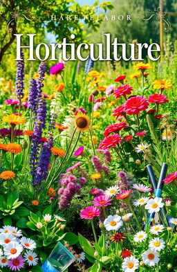 A beautifully designed cover page for a horticulture theme, featuring a vibrant and lush landscape with various types of plants and flowers