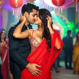 A lively party scene featuring a woman resembling Ileana, gracefully adorned in a transparent red saree that elegantly showcases her cleavage and navel