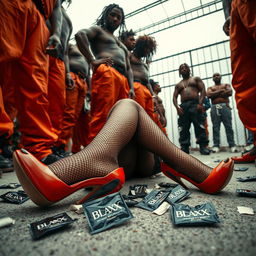 A dramatic low angle shot highlighting a large group of African American gang members, showcasing their baggy orange pants and powerful stances