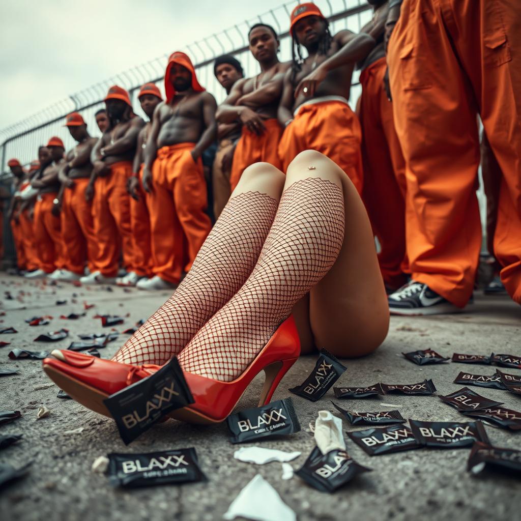 A dramatic low angle shot highlighting a large group of African American gang members, showcasing their baggy orange pants and powerful stances