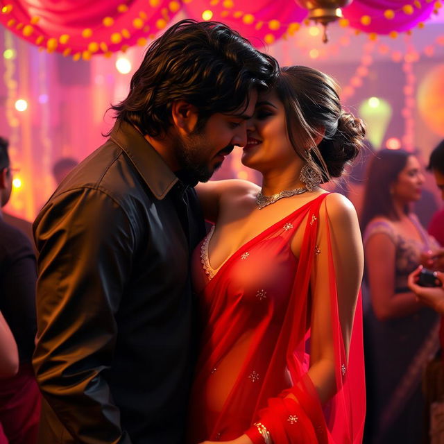 A lively party scene featuring a woman resembling Ileana, dressed in a stunning transparent red saree that elegantly showcases her cleavage and navel