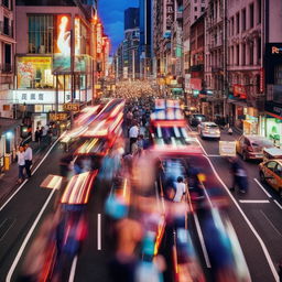 A bustling road filled with pedestrians and various types of vehicles, creating a dynamic street scene.