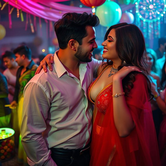 A lively and vibrant party scene featuring a woman resembling Ileana, adorned in a stunning transparent red saree that highlights her cleavage and navel