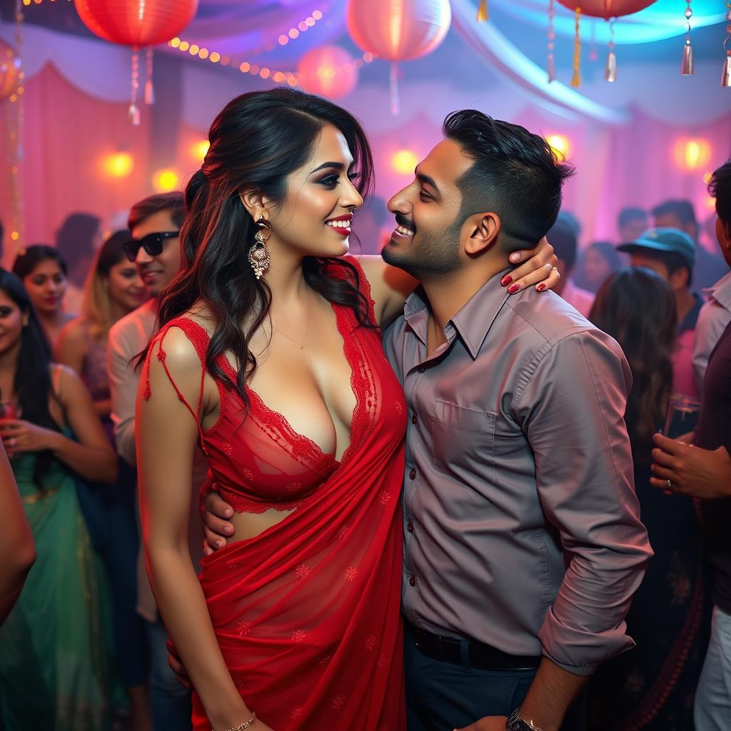 A lively and vibrant party scene featuring a woman resembling Ileana, adorned in a stunning transparent red saree that highlights her cleavage and navel