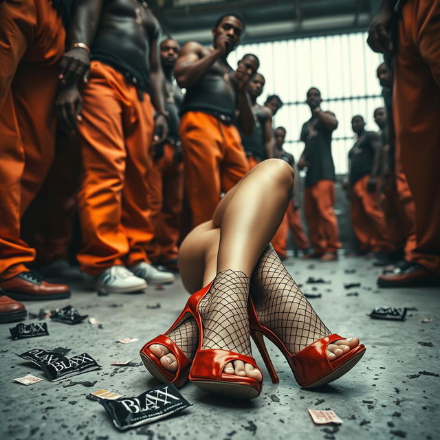 A dramatic low-angle shot showcasing a large group of African American gang members with visible baggy orange pants, their powerful legs creating a menacing atmosphere