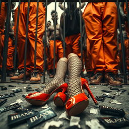 A dramatic low-angle shot showcasing a large group of African American gang members with visible baggy orange pants, their powerful legs creating a menacing atmosphere