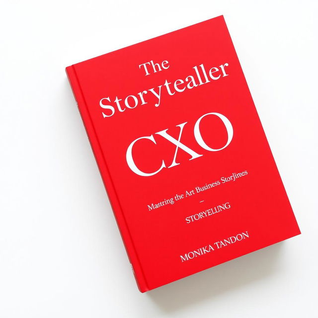 A refined, minimalistic book cover in red with white font for a business book titled 'The Storyteller CXO - Mastering the Art of Business Storytelling' by Monika Tandon