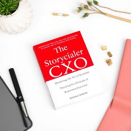 A refined, minimalistic book cover in red with white font for a business book titled 'The Storyteller CXO - Mastering the Art of Business Storytelling' by Monika Tandon