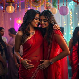 A lively and glamorous party scene featuring a woman resembling Ileana, elegantly dressed in a transparent red saree that beautifully highlights her cleavage and navel