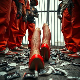 A low angle view showcasing a large group of African American gang members characterized by their baggy orange pants, surrounding a pair of Caucasian legs