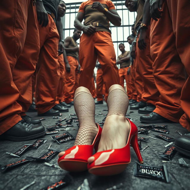 A low angle view showcasing a large group of African American gang members characterized by their baggy orange pants, surrounding a pair of Caucasian legs