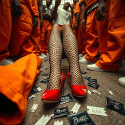 A low angle view showcasing a large group of African American gang members characterized by their baggy orange pants, surrounding a pair of Caucasian legs