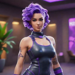 An elegant and attractive Fortnite character with an aesthetic of cybernetic and organic elements, glass-skin revealing inner plant matter and gears, and vibrant neon purple hair in classic loose curls, striking a confident pose in the Battle Royale lobby.