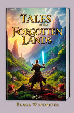 A captivating book cover for 'Tales of the Forgotten Lands' by Elara Windrider