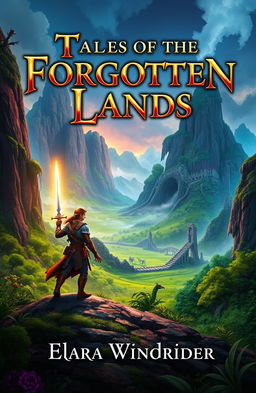 A captivating book cover for 'Tales of the Forgotten Lands' by Elara Windrider