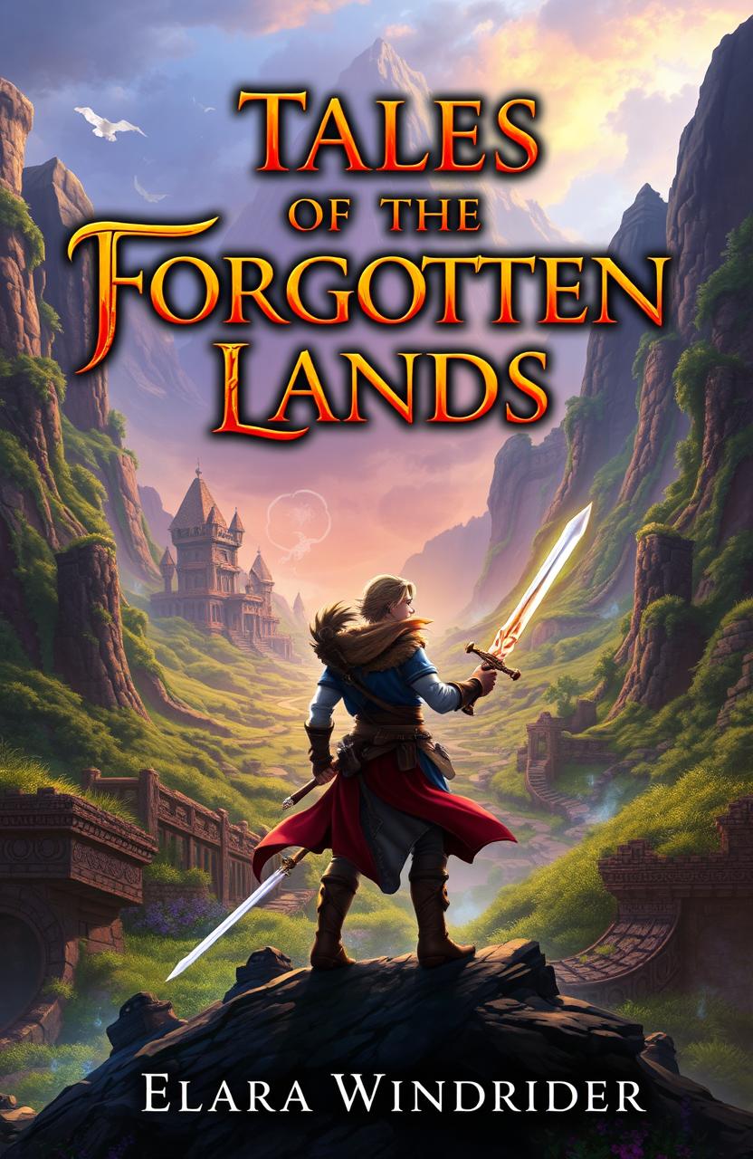 A captivating book cover for 'Tales of the Forgotten Lands' by Elara Windrider