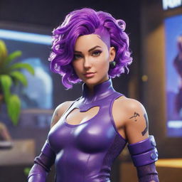 An elegant and attractive Fortnite character with an aesthetic of cybernetic and organic elements, glass-skin revealing inner plant matter and gears, and vibrant neon purple hair in classic loose curls, striking a confident pose in the Battle Royale lobby.