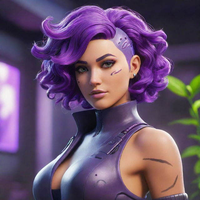 An elegant and attractive Fortnite character with an aesthetic of cybernetic and organic elements, glass-skin revealing inner plant matter and gears, and vibrant neon purple hair in classic loose curls, striking a confident pose in the Battle Royale lobby.