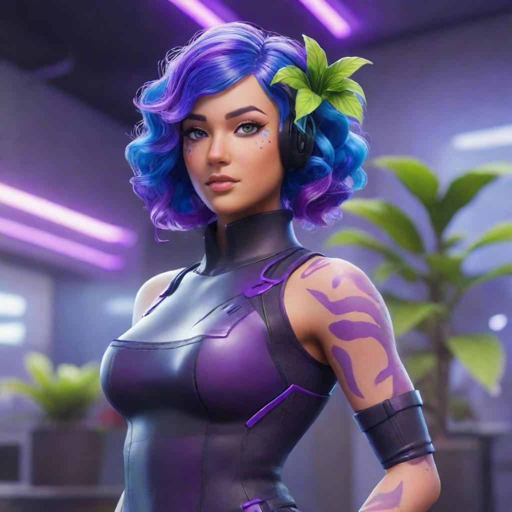 A stunning Fortnite Battle Royale skin showcasing a woman with cyber-organic elements, sections of glass skin displaying internal plant life and mechanics. Her striking neon purple hair is styled in loose classical curls while she poses dynamically in the lobby.