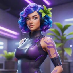 A stunning Fortnite Battle Royale skin showcasing a woman with cyber-organic elements, sections of glass skin displaying internal plant life and mechanics. Her striking neon purple hair is styled in loose classical curls while she poses dynamically in the lobby.