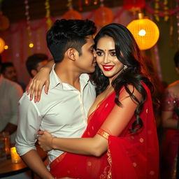 A lively and vibrant party scene showcasing a woman resembling Ileana, elegantly dressed in a stunning transparent red saree that highlights her cleavage and navel